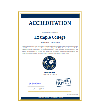 Sample of the official IQ2LT Accreditation Certificate with verification details