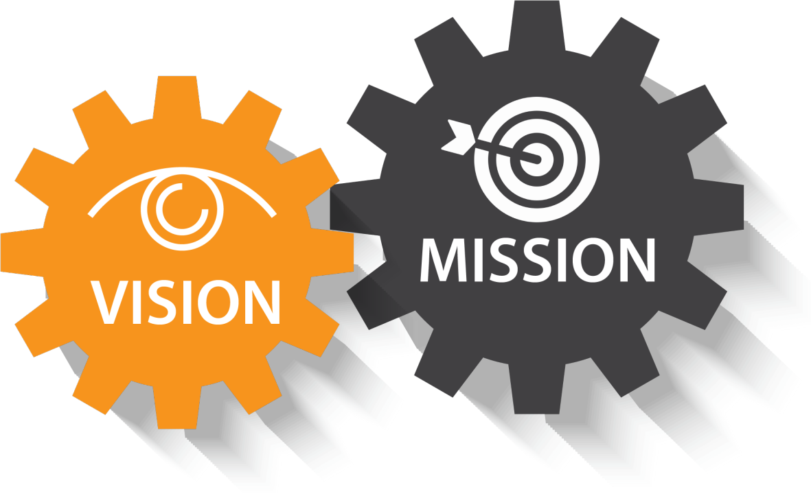 Illustration of Vision (eye icon) and Mission (target icon) as interlocking gears
